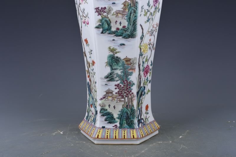 Qing Dynasty Qianlong pastel flower and bird landscape six-square vase