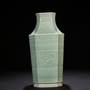 Qing Dynasty Qianlong pink celadon glaze square vase with dragon and phoenix