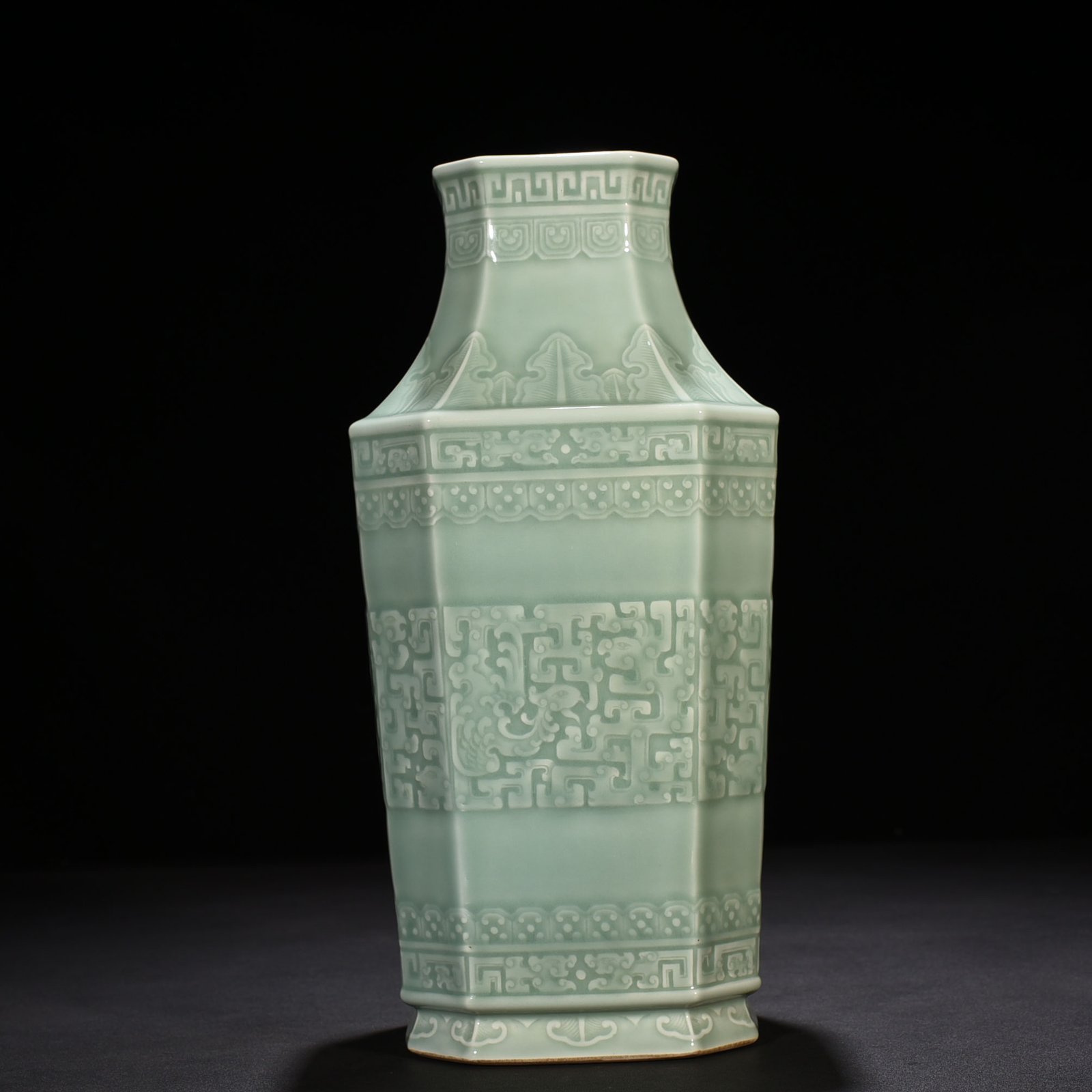 Qing Dynasty Qianlong pink celadon glaze square vase with dragon and phoenix