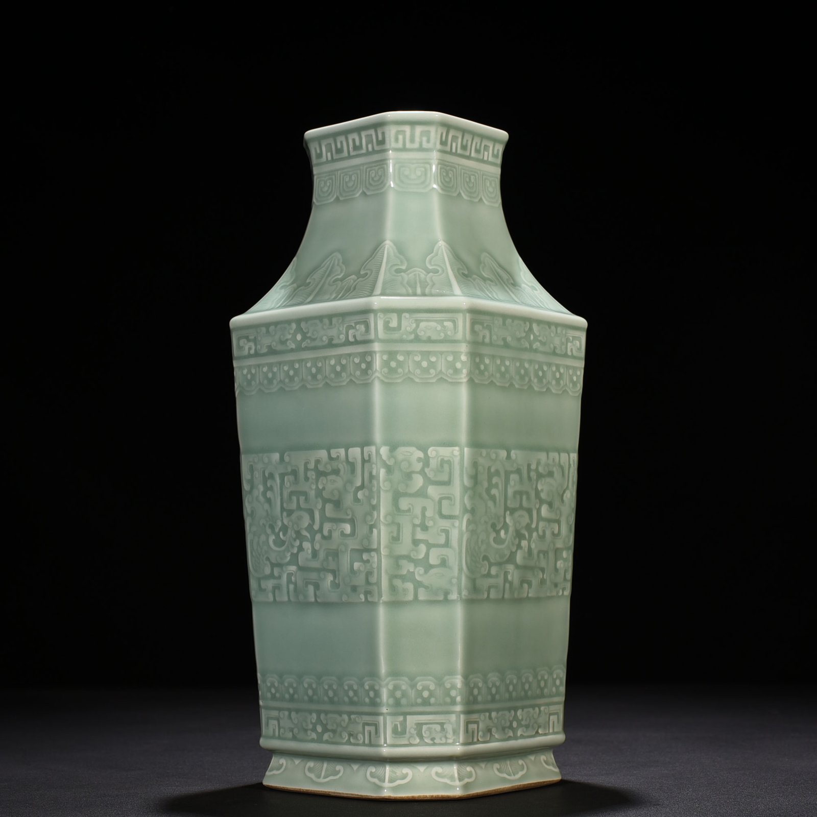 Qing Dynasty Qianlong pink celadon glaze square vase with dragon and phoenix