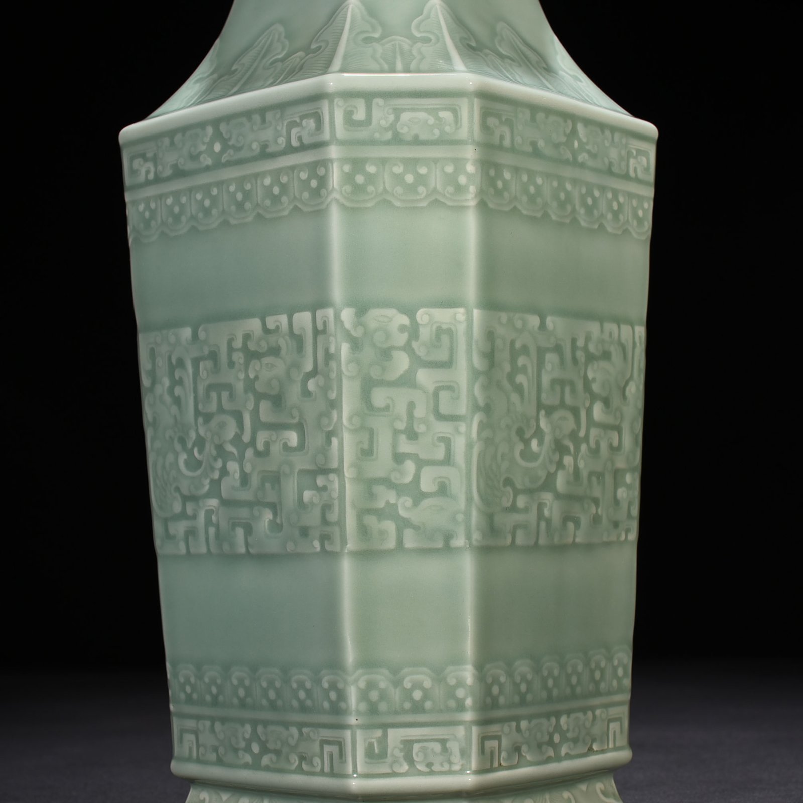 Qing Dynasty Qianlong pink celadon glaze square vase with dragon and phoenix
