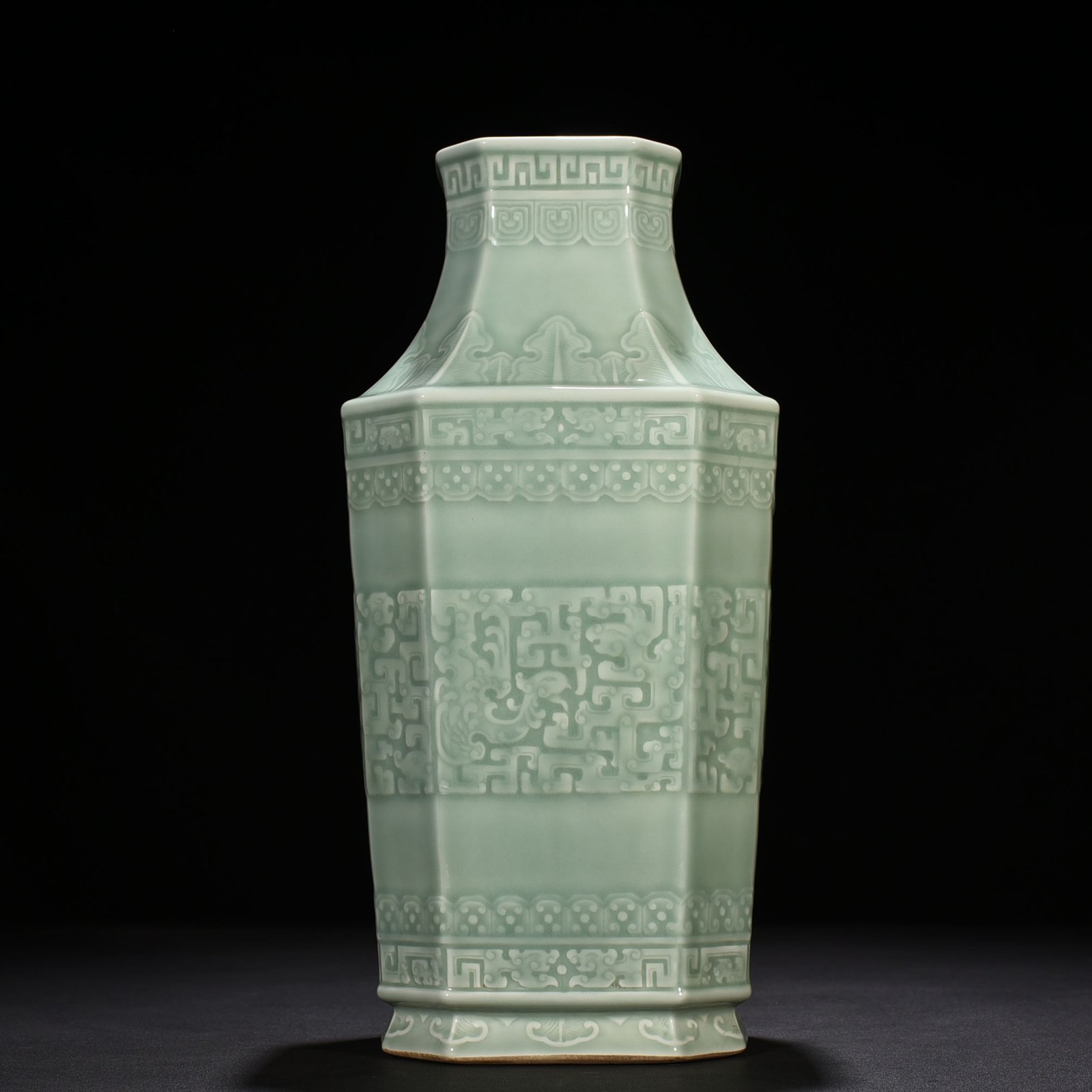 Qing Dynasty Qianlong pink celadon glaze square vase with dragon and phoenix