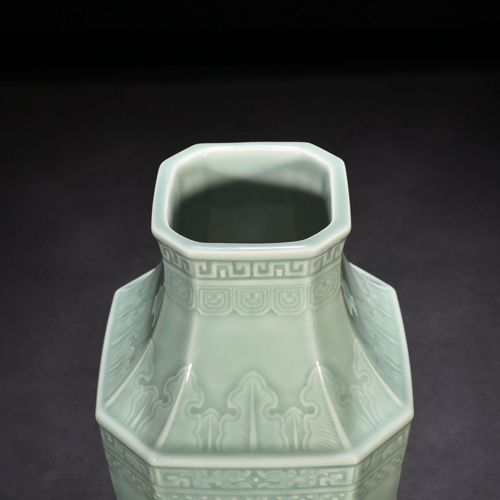Qing Dynasty Qianlong pink celadon glaze square vase with dragon and phoenix