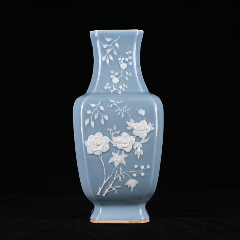 Qing Dynasty Qianlong pink celadon glaze square vase with carved floral patterns