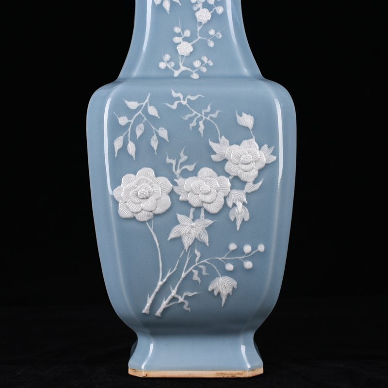 Qing Dynasty Qianlong pink celadon glaze square vase with carved floral patterns