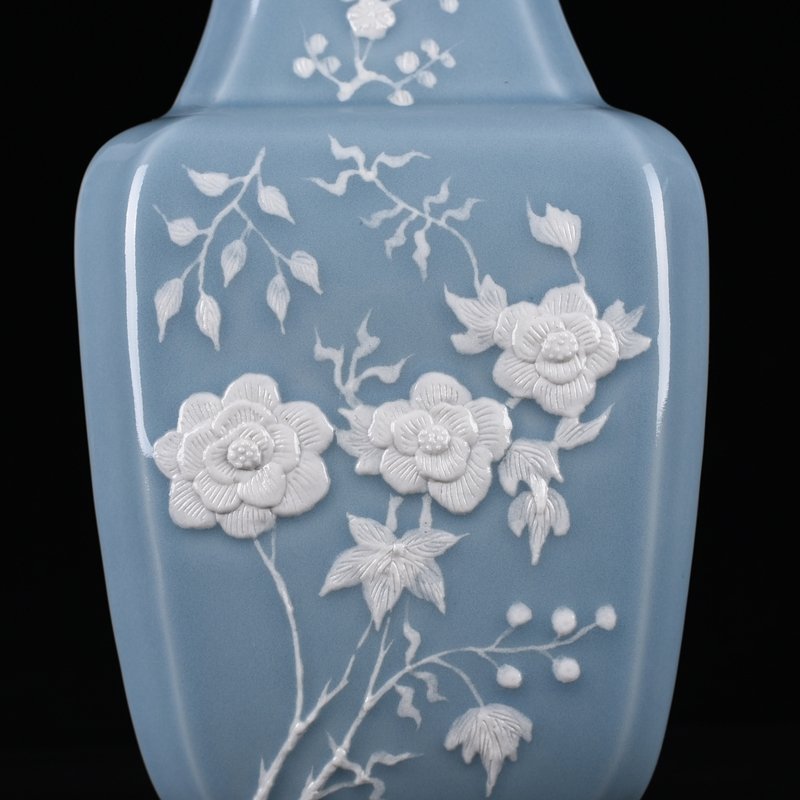 Qing Dynasty Qianlong pink celadon glaze square vase with carved floral patterns