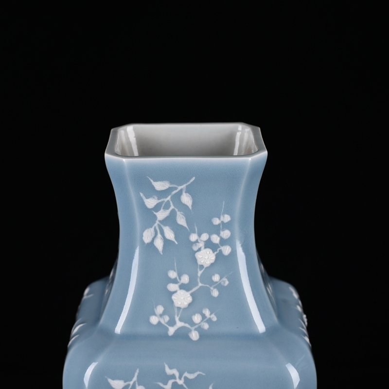 Qing Dynasty Qianlong pink celadon glaze square vase with carved floral patterns