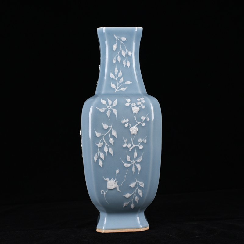 Qing Dynasty Qianlong pink celadon glaze square vase with carved floral patterns