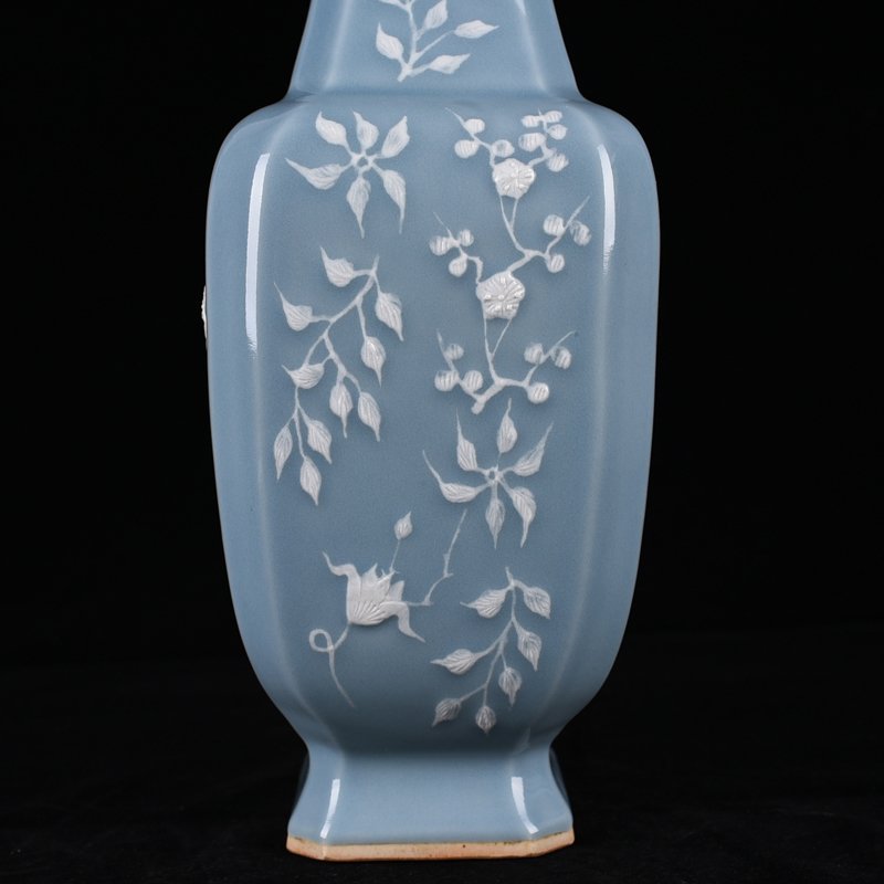 Qing Dynasty Qianlong pink celadon glaze square vase with carved floral patterns