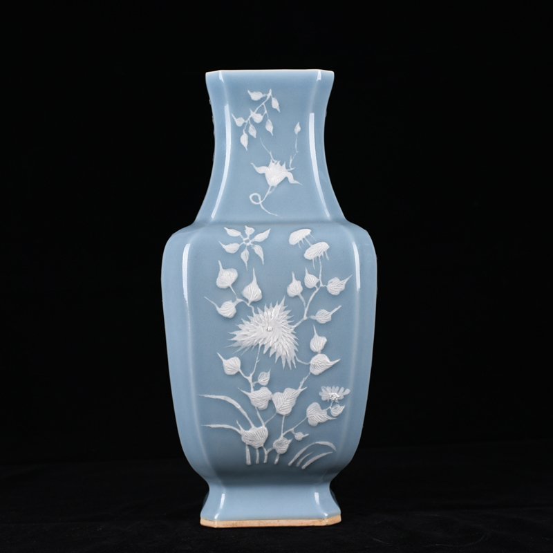 Qing Dynasty Qianlong pink celadon glaze square vase with carved floral patterns