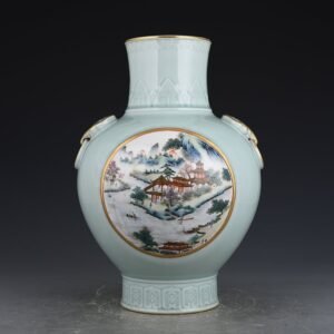 Qing Dynasty Qianlong pink celadon glaze consecrated famille rose landscape pavilion vase
