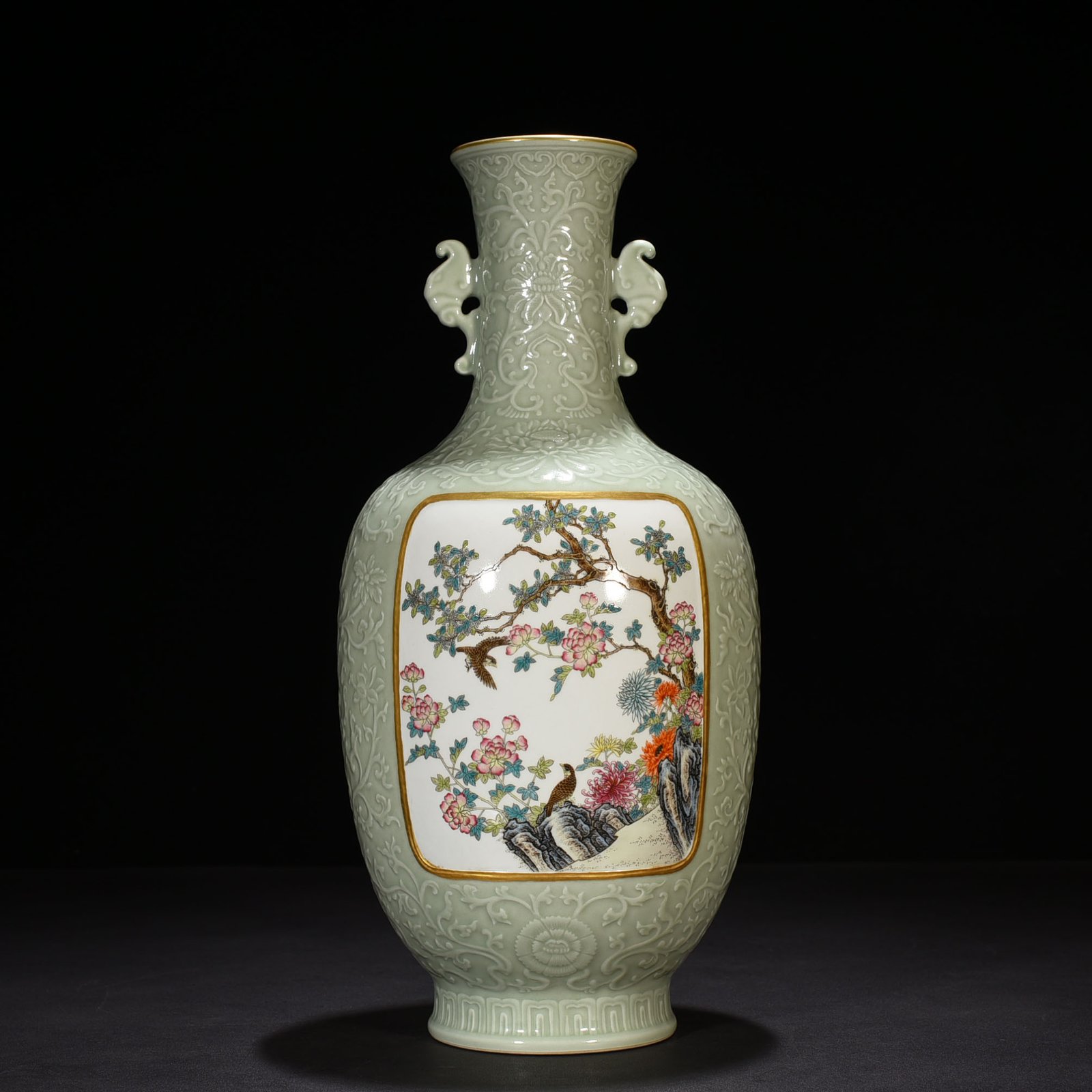 Qing Dynasty Qianlong pink celadon glaze windowed pastel flower and bird pattern amphora