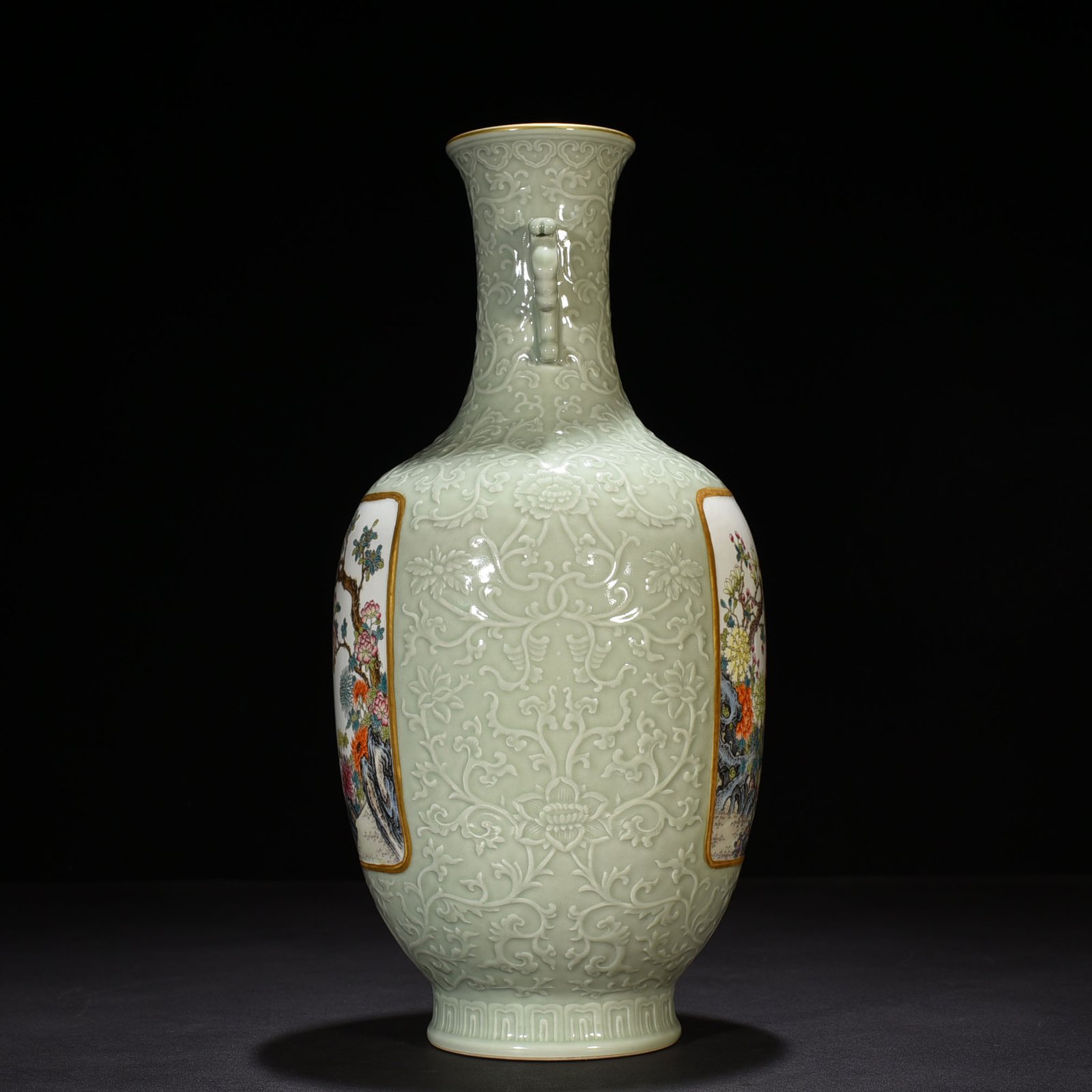 Qing Dynasty Qianlong pink celadon glaze windowed pastel flower and bird pattern amphora