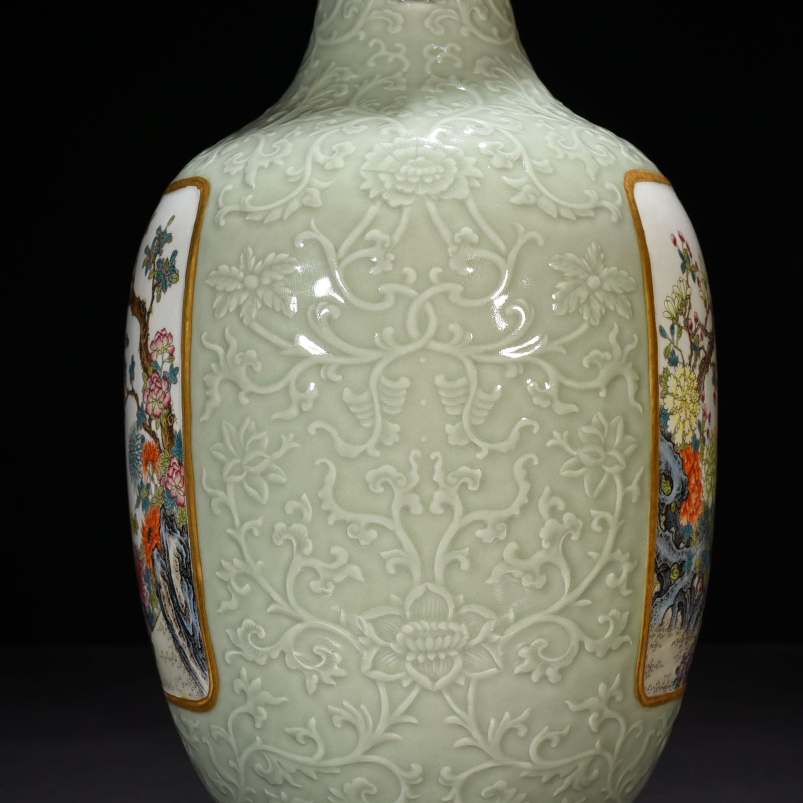 Qing Dynasty Qianlong pink celadon glaze windowed pastel flower and bird pattern amphora