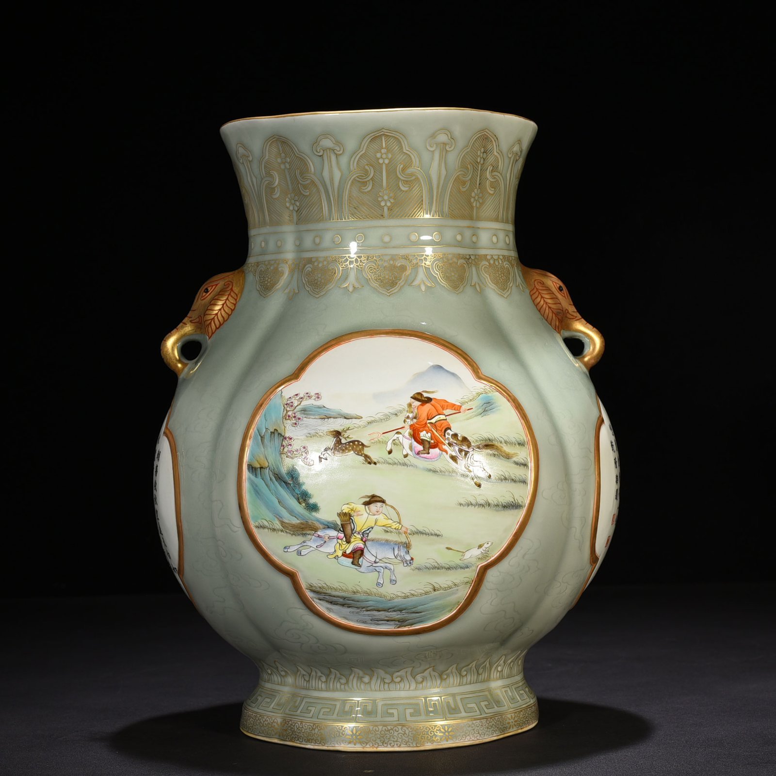 Qing Dynasty Qianlong pink celadon glaze with gold window and pastel hunting image ear statue