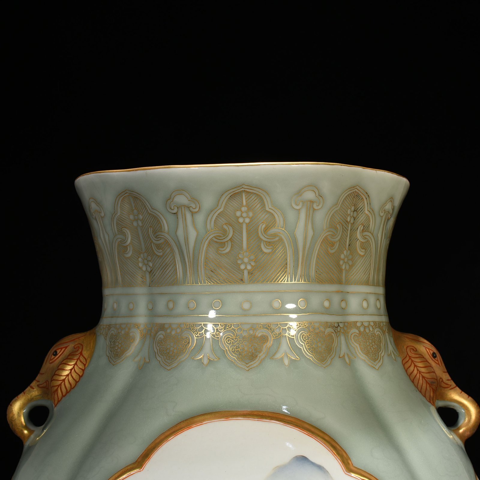 Qing Dynasty Qianlong pink celadon glaze with gold window and pastel hunting image ear statue