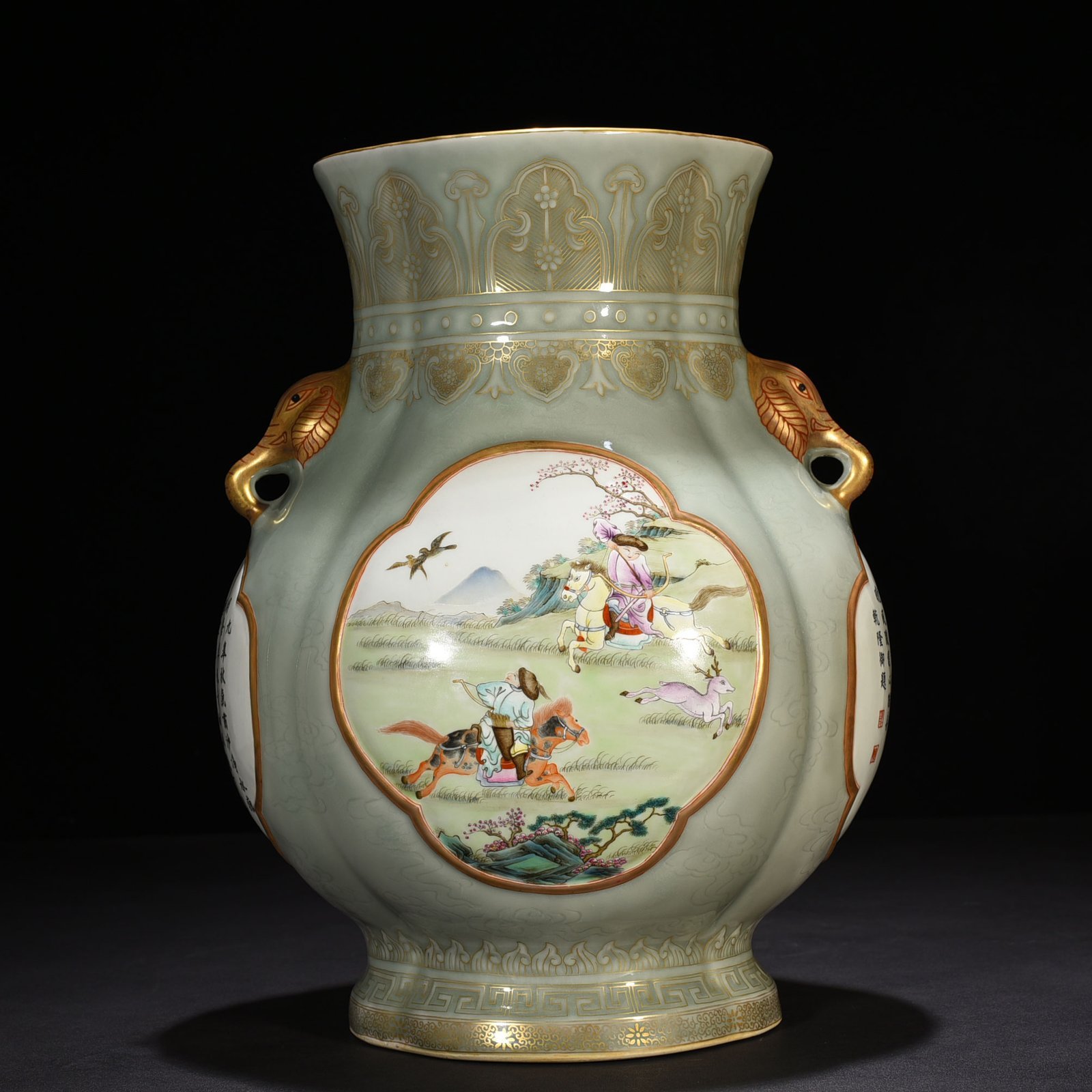 Qing Dynasty Qianlong pink celadon glaze with gold window and pastel hunting image ear statue