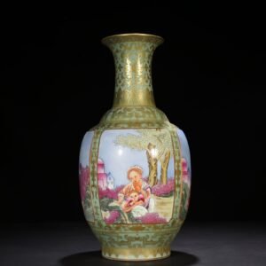 Qing Dynasty Qianlong pink celadon glaze enamel vase with gold