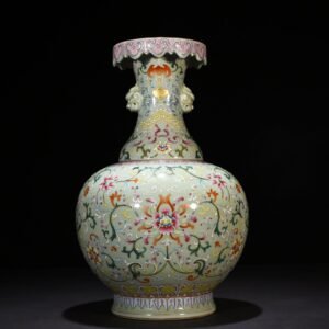 Qing Dynasty Qianlong pink celadon glaze pastel wrapped branch flower pattern animal ear disc mouth vase