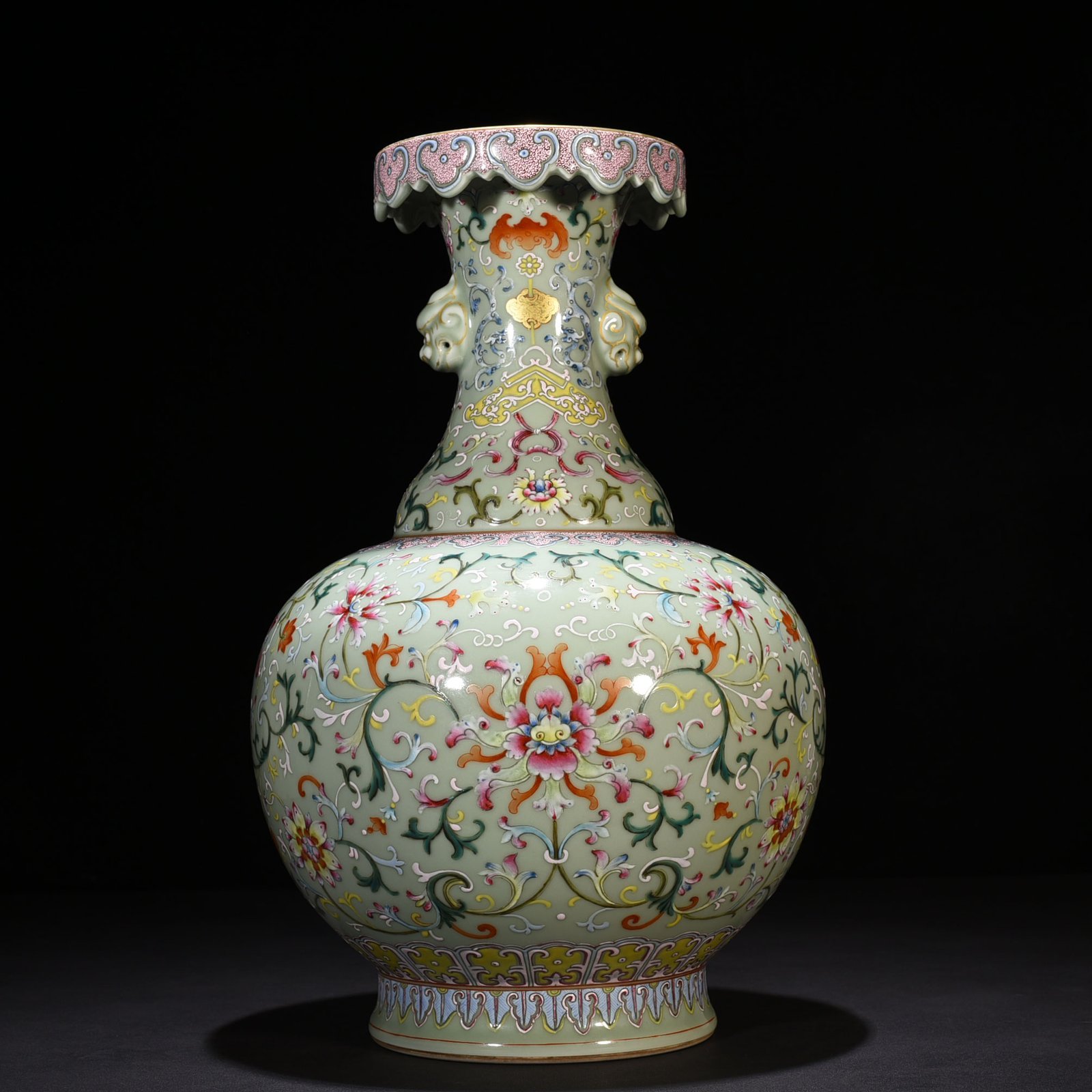 Qing Dynasty Qianlong pink celadon glaze pastel wrapped branch flower pattern animal ear disc mouth vase