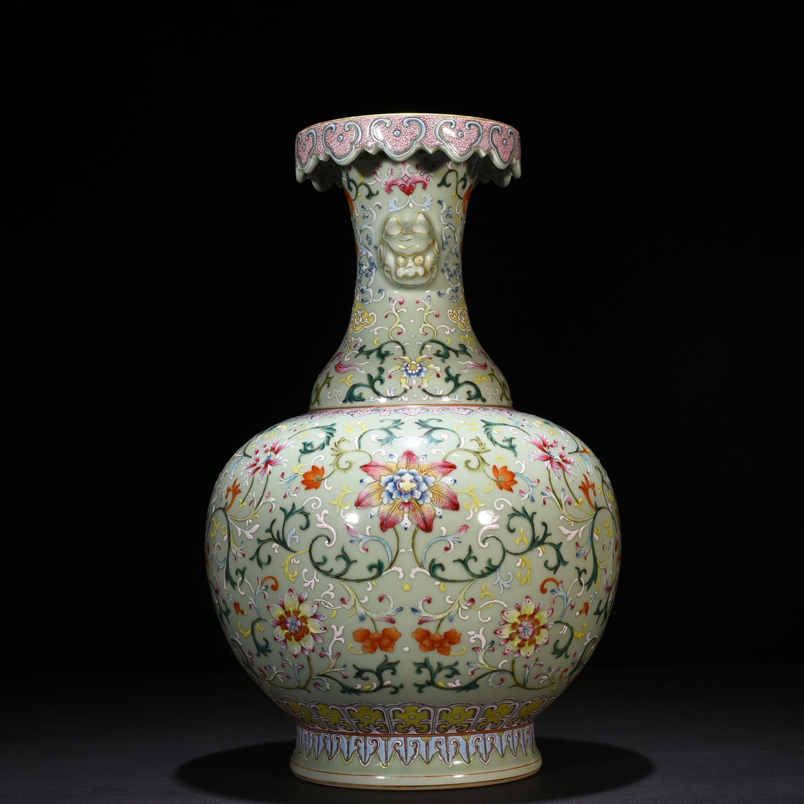 Qing Dynasty Qianlong pink celadon glaze pastel wrapped branch flower pattern animal ear disc mouth vase