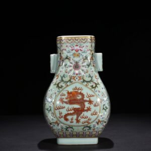 Qing Dynasty Qianlong pink celadon glaze pastel flower window alum red gold dragon pattern penetrating square vase