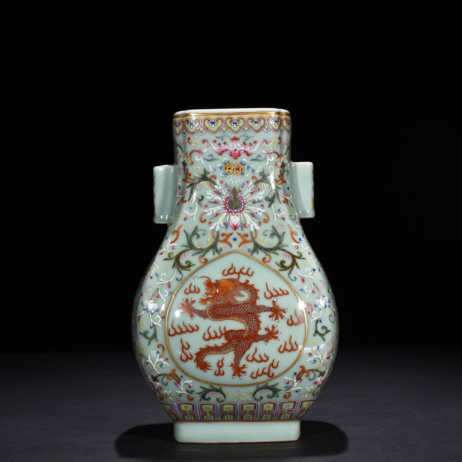 Qing Dynasty Qianlong pink celadon glaze pastel flower window alum red gold dragon pattern penetrating square vase