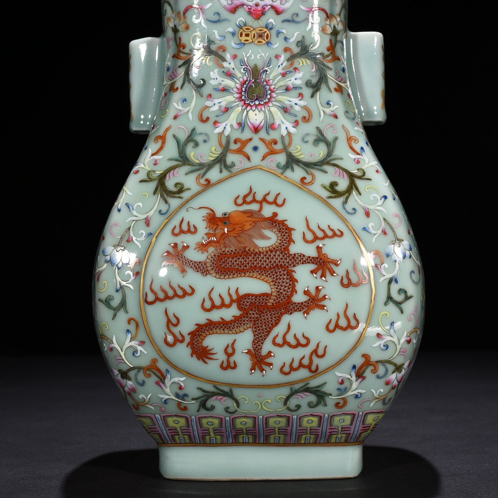 Qing Dynasty Qianlong pink celadon glaze pastel flower window alum red gold dragon pattern penetrating square vase