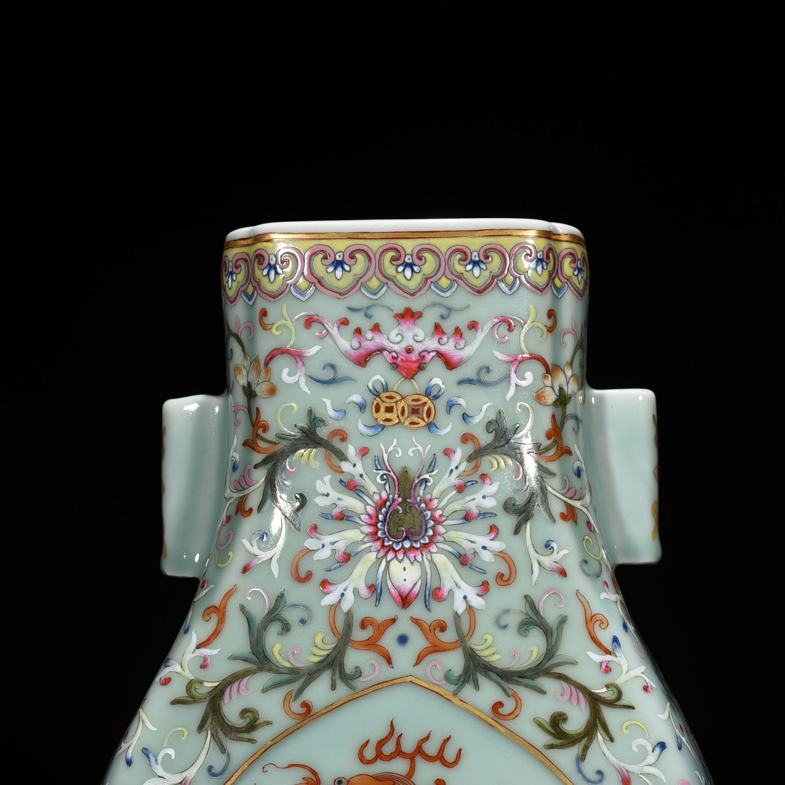 Qing Dynasty Qianlong pink celadon glaze pastel flower window alum red gold dragon pattern penetrating square vase