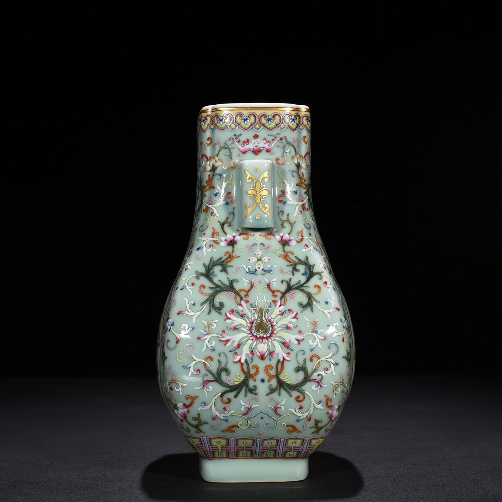 Qing Dynasty Qianlong pink celadon glaze pastel flower window alum red gold dragon pattern penetrating square vase