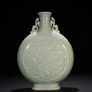 Qing Dynasty Qianlong pink celadon glaze carved longevity and multi-child holding moon vas