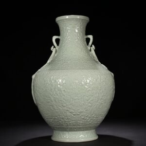 Qing Dynasty Qianlong pink celadon glaze carved tangled flower pattern Ruyi ear vase
