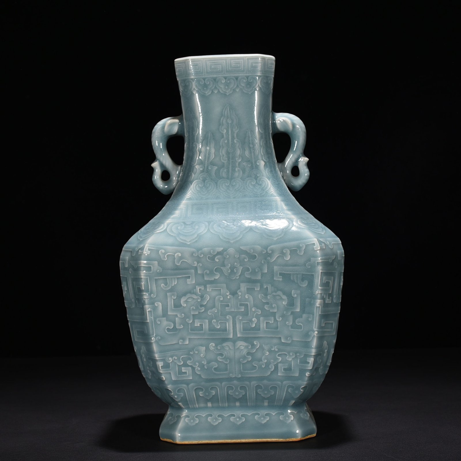 Qing Dynasty Qianlong pink celadon glaze carved chilong pattern elephant ear square vase