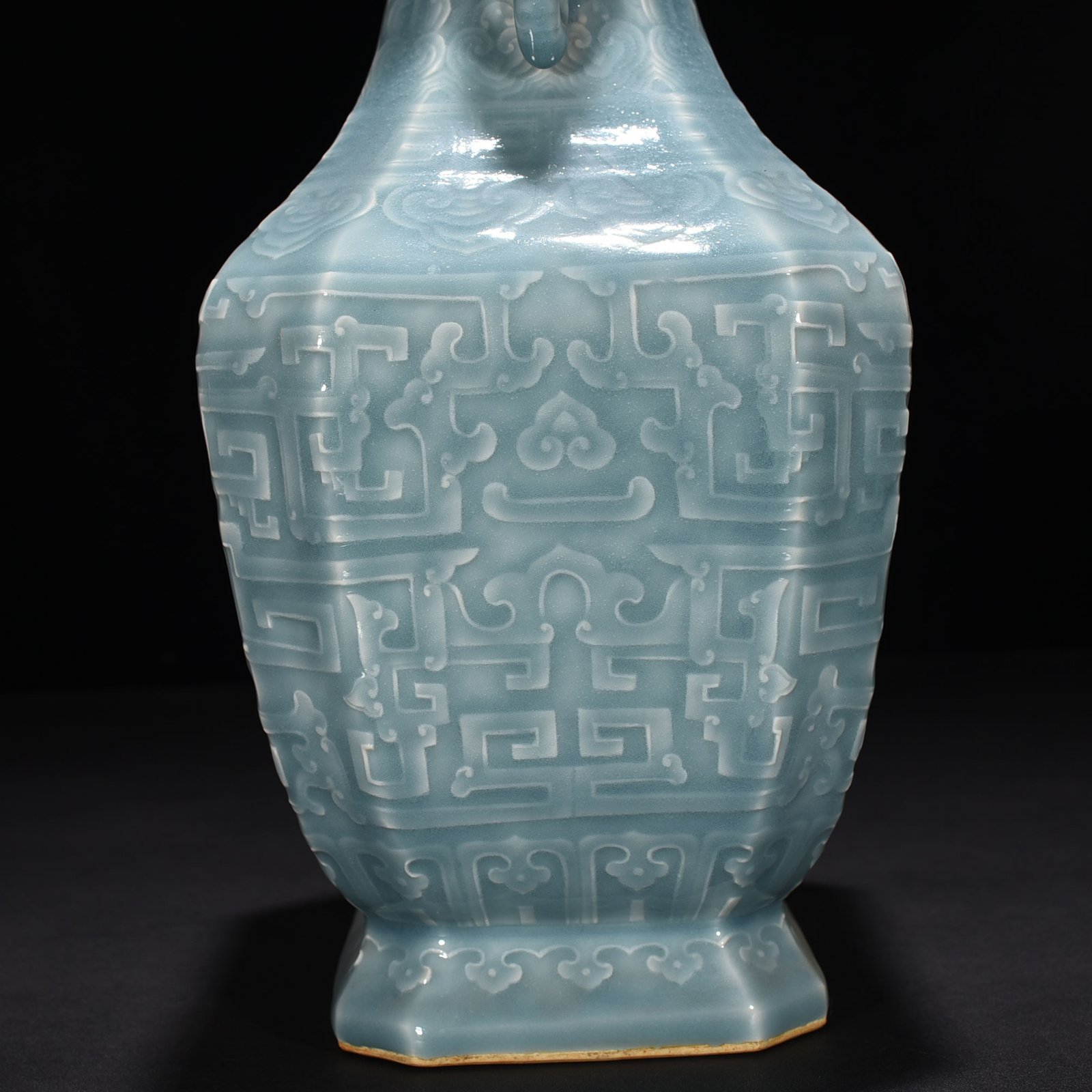 Qing Dynasty Qianlong pink celadon glaze carved chilong pattern elephant ear square vase