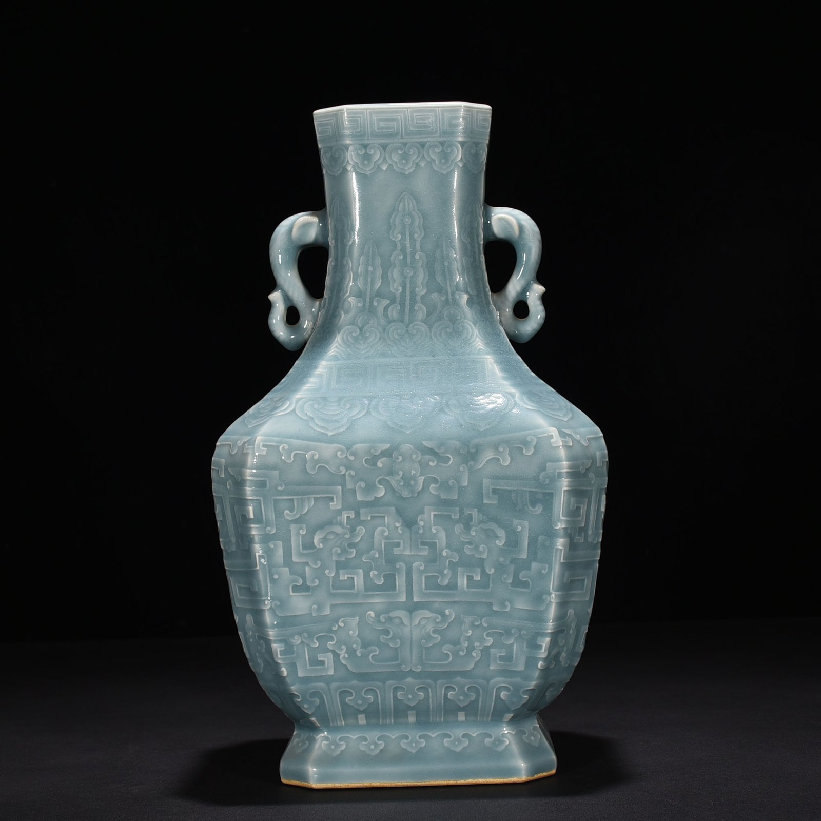 Qing Dynasty Qianlong pink celadon glaze carved chilong pattern elephant ear square vase