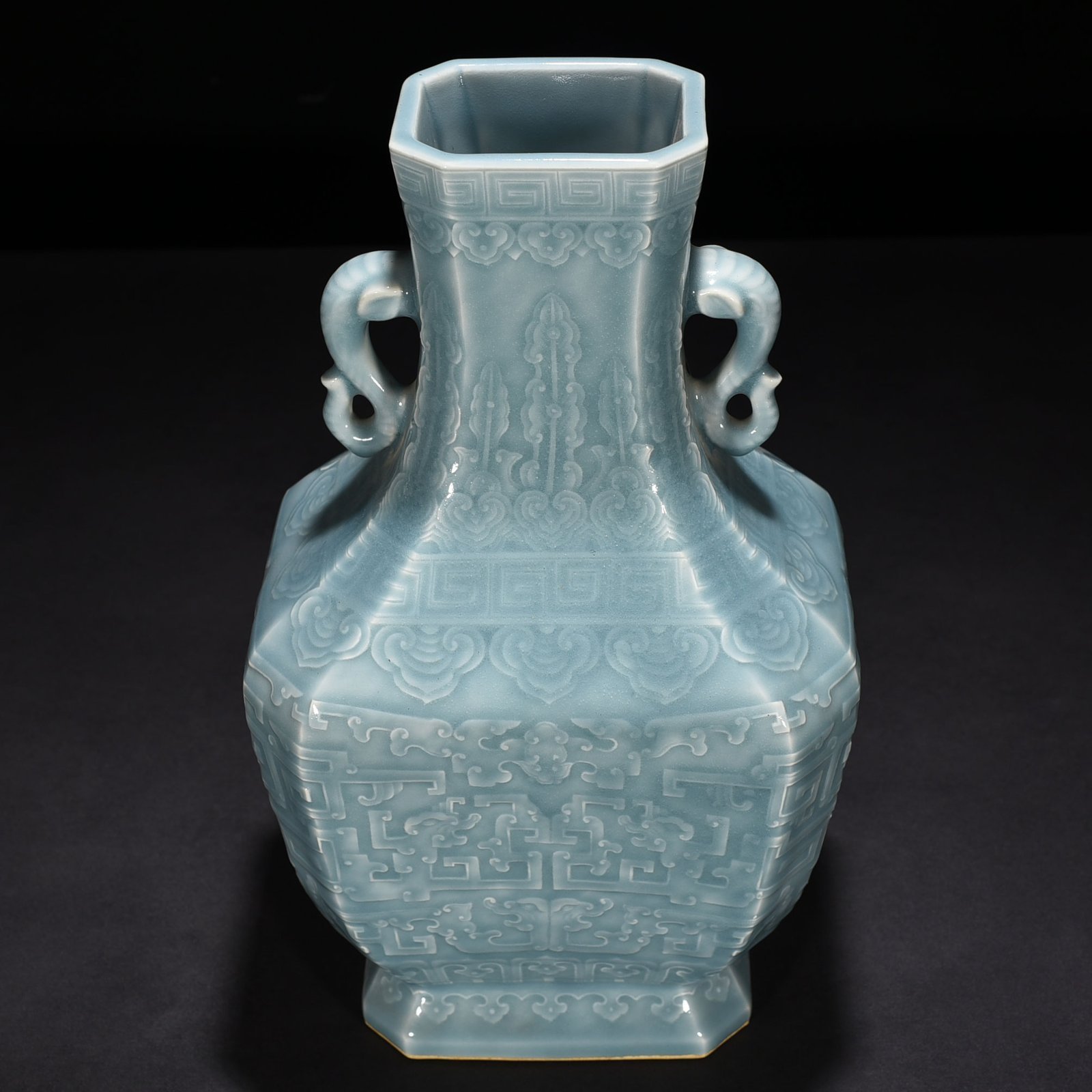 Qing Dynasty Qianlong pink celadon glaze carved chilong pattern elephant ear square vase