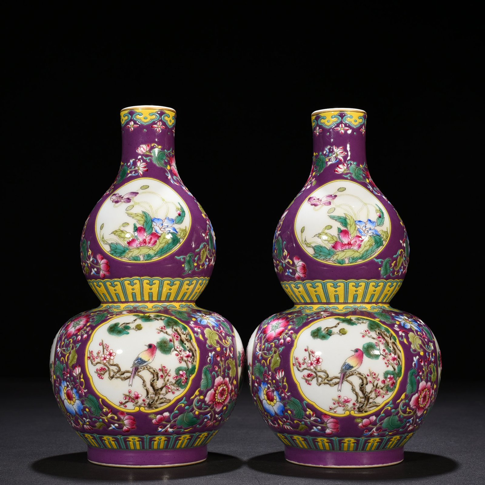 Qing Dynasty Qianlong purple ground enamel gourd vase with window and flower