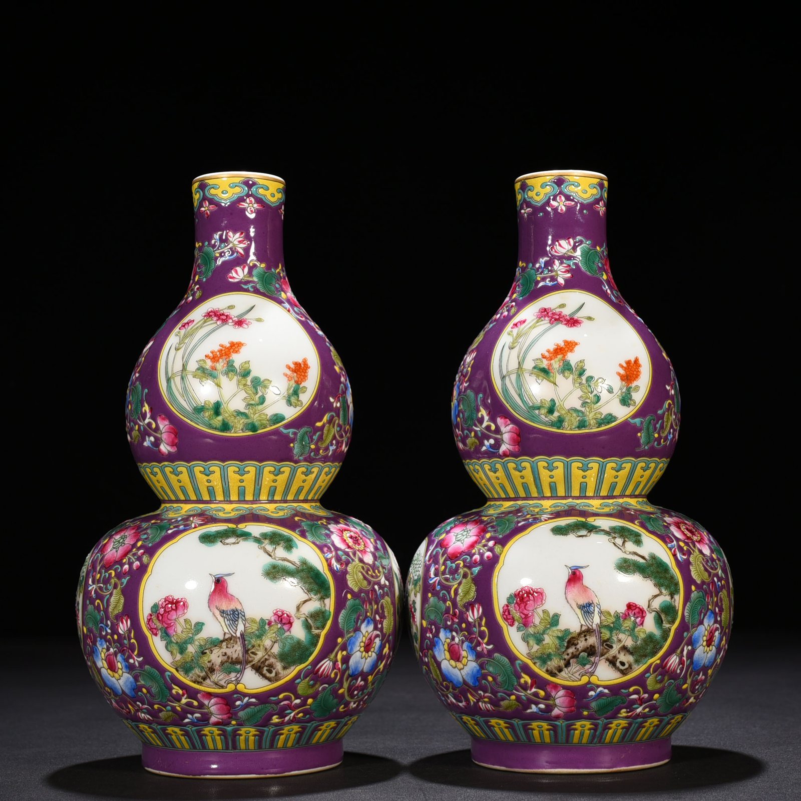 Qing Dynasty Qianlong purple ground enamel gourd vase with window and flower