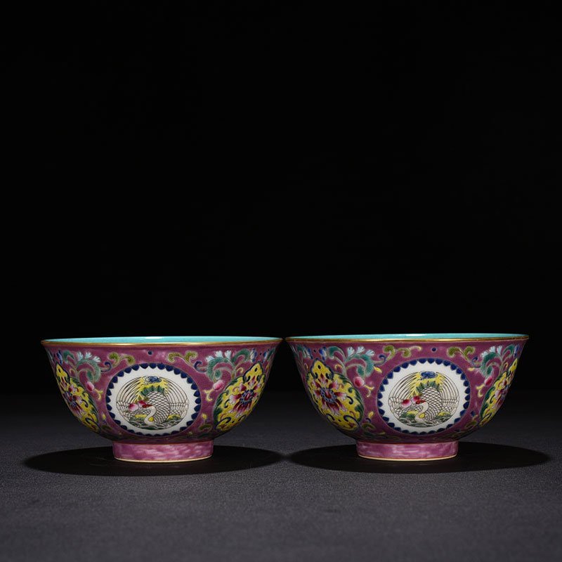 Qing Dynasty Qianlong purple ground pastel group crane pattern bowl