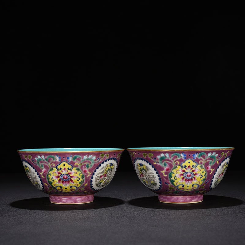 Qing Dynasty Qianlong purple ground pastel group crane pattern bowl