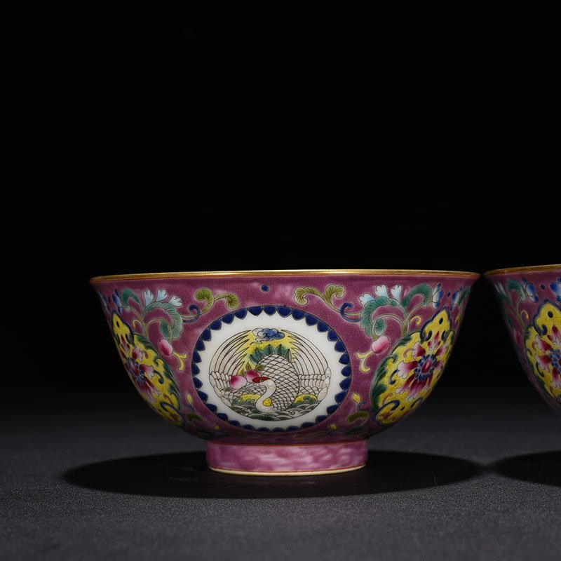 Qing Dynasty Qianlong purple ground pastel group crane pattern bowl