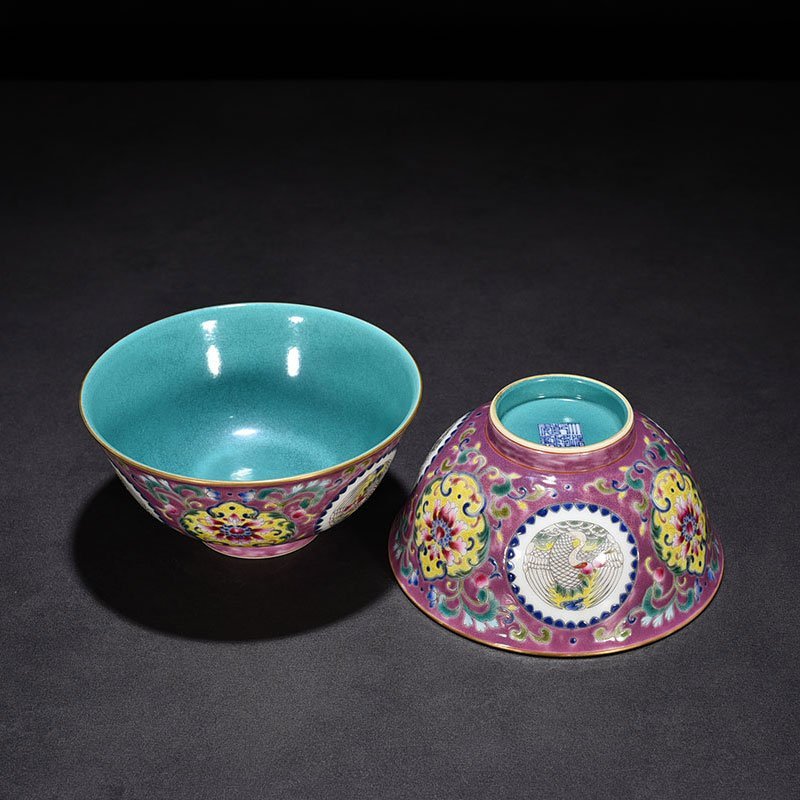 Qing Dynasty Qianlong purple ground pastel group crane pattern bowl
