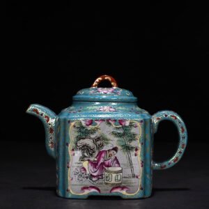Qing Dynasty Qianlong Purple sand pastel gold-painted square pot