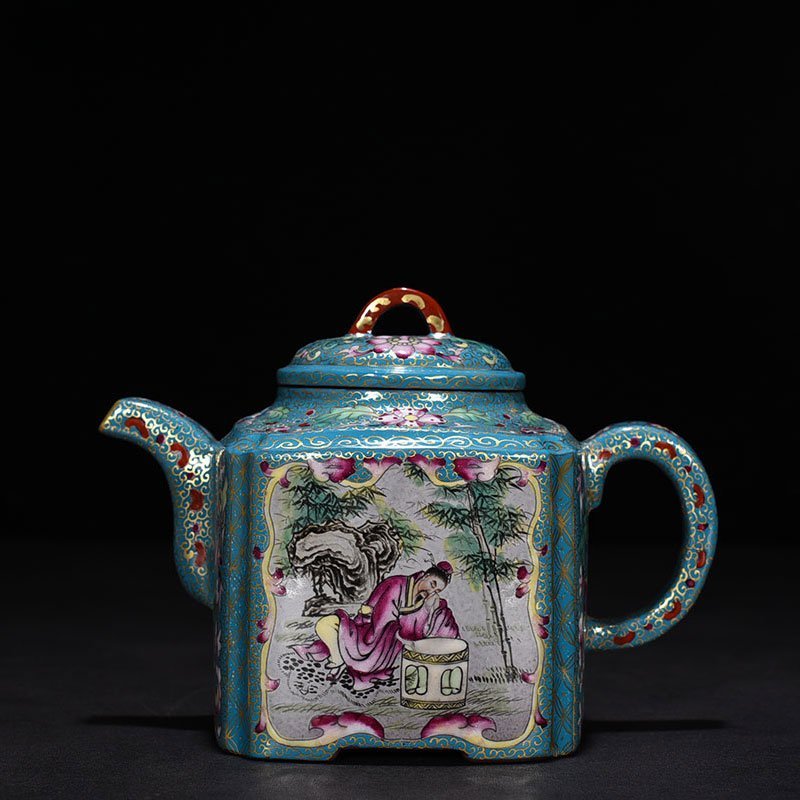 Qing Dynasty Qianlong Purple sand pastel gold-painted square pot