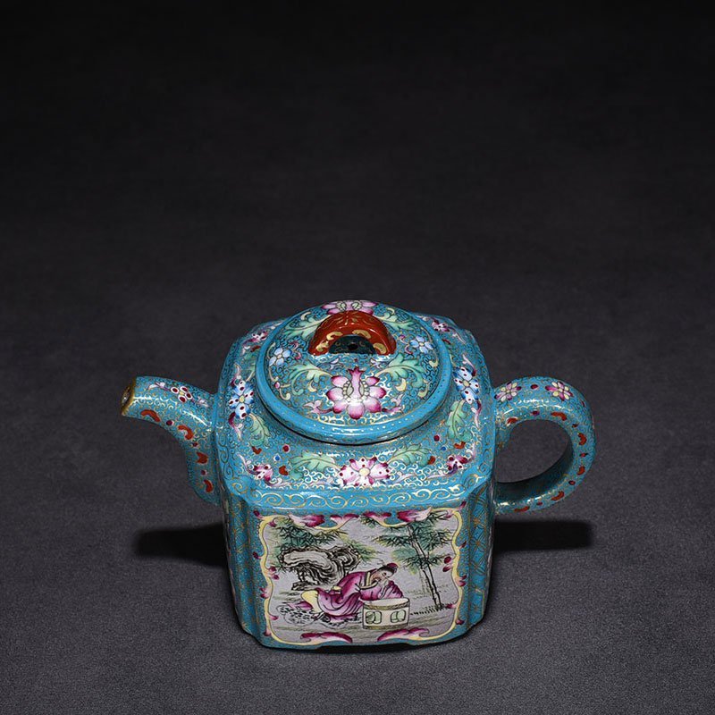 Qing Dynasty Qianlong Purple sand pastel gold-painted square pot