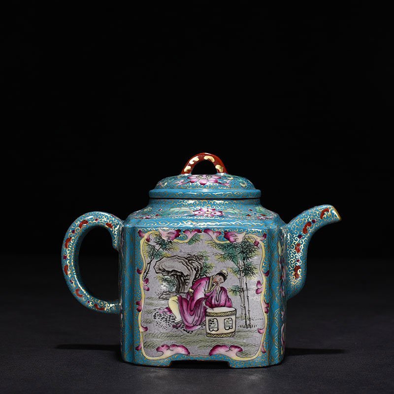Qing Dynasty Qianlong Purple sand pastel gold-painted square pot