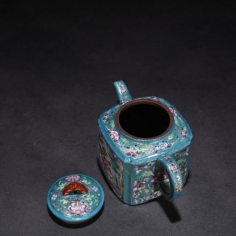 Qing Dynasty Qianlong Purple sand pastel gold-painted square pot