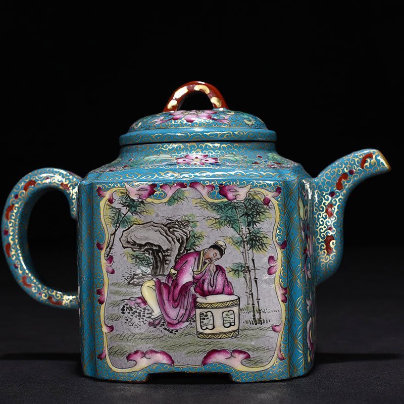 Qing Dynasty Qianlong Purple sand pastel gold-painted square pot