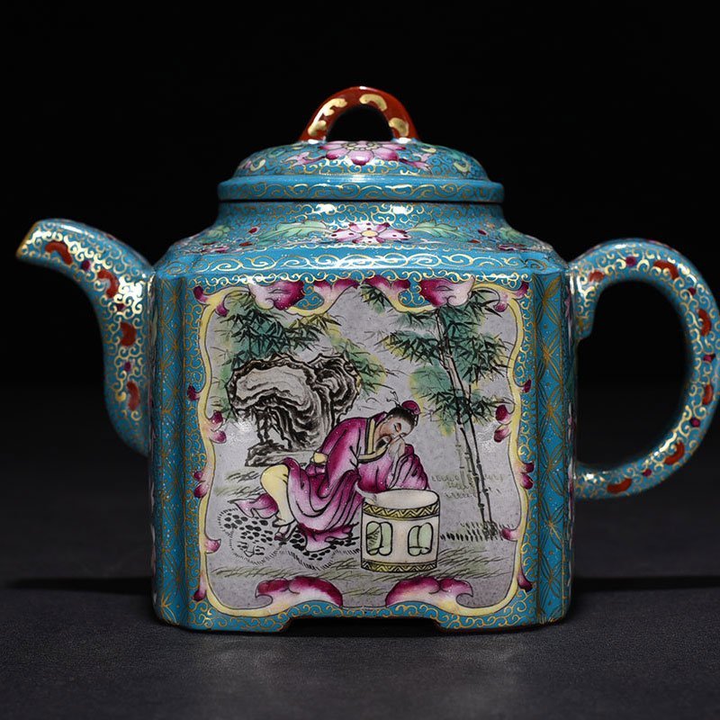 Qing Dynasty Qianlong Purple sand pastel gold-painted square pot