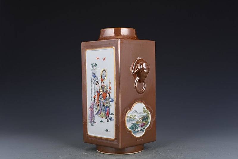 Qing Dynasty Qianlong purple gold glaze consecrated pastel figure cong style vase